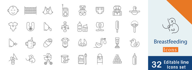 Breastfeeding  line icon set. thermometer, toddler, pad, bra. breast, baby mobile, baby clothes and more simple icon