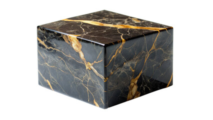 Polished Black Marble Cube with Gold Streaks displaying a smooth, glossy surface and intricate natural patterns. Isolated on transparent background, png.