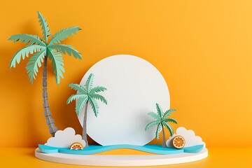 Tropical Paradise Podium:  A 3D render of a serene island oasis, featuring lush palm trees, refreshing coconuts, and a blank circular podium. Ideal for showcasing summer products or travel destination