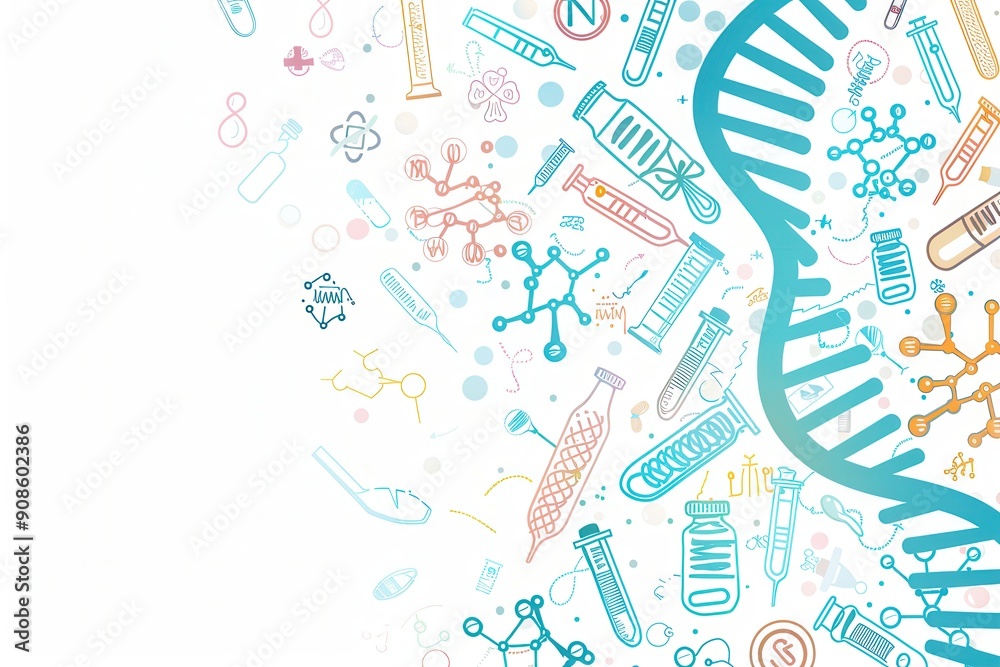 Poster A double helix DNA strand is surrounded by various medical icons representing research tools and symbols in the field of healthcare and genetics. Generative AI