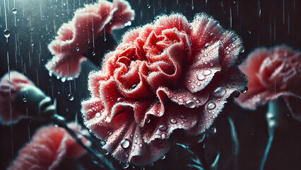 Obraz premium Carnation covered in raindrops, photographed right