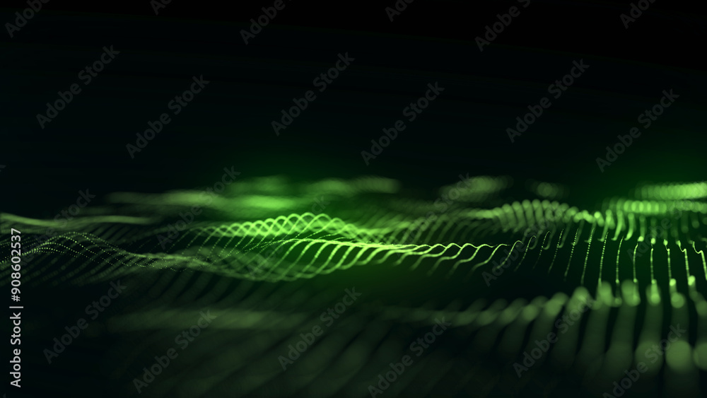 Poster dynamic green wave of particles and lines. abstract futuristic background. big data visualization. 3