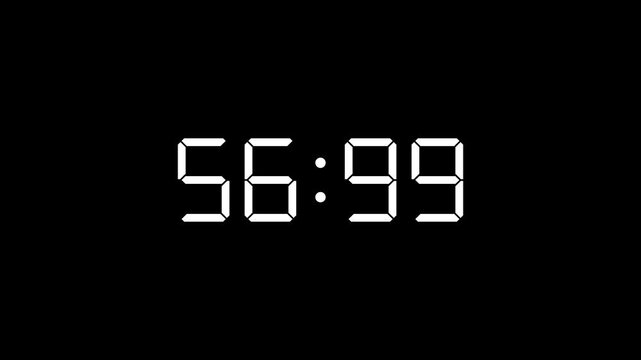  60秒、1分のシンプルなデジタル表記のカウントダウンタイマー 白黒 Countdown timer with simple 60-second digital display, black and white