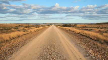 Fototapeta premium The gravel road stretches to the horizon, cutting through a vast, barren landscape. The soft blue sky above the road creates a peaceful contrast to the harshness of the surroundings.