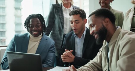 Business people, tech and wave in office for video call, presentation or webinar in city. Man speaker, team or laptop on table for online seminar, virtual meeting or company introduction for workshop