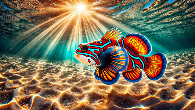 mandarinfish swimming in shallow, sunlit waters with light rays