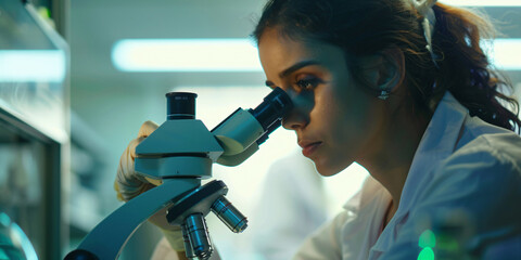 A female scientist is peering through the lens of a microscope in a lab setting.