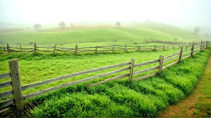 Countryside Tranquility: A tranquil photograph capturing the idyllic charm of the countryside, with lush green fields, a winding fence, and a soft mist adding to the peaceful ambiance. 1