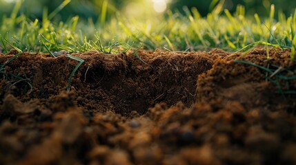 A close up of a dirt field with a hole in the middle. The dirt is brown and the grass is green
