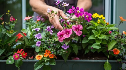 A Close-Up View of a Woman's Hands Tenderly Caring for Vibrant Flowers in a Planter