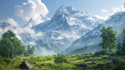 Ultrarealistic mountain vistas with enhanced details, future tech integrated subtly into natural scenes
