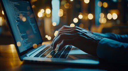 Hands Typing Code on a Laptop in a Dimly Lit Modern Workspace