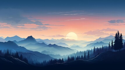 misty mountain flat design side view, shrouded peaks, animation, Splitcomplementary color scheme