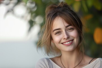 Obraz premium Young woman smiles directly into camera. Her casual outfit and relaxed demeanor convey a sense of confidence and happiness. The studio lighting highlights her features, emphasizing her beauty.