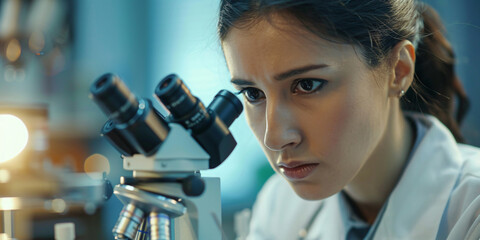 A scientist in a laboratory carefully examines a sample through a microscope, demonstrating her dedication to scientific research.