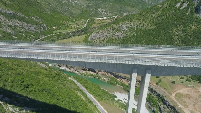 Aerial view of new concrete bridge over the Moraca river canyon in Montenegro