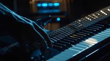 Musician Playing Electric Guitar and Piano in Dimly Lit Studio with Blue Lights