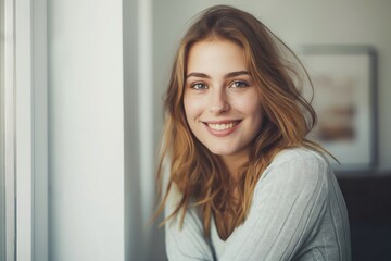 Young woman with a big smile looks directly into the camera. She has short brown hair and is wearing casual attire. The photo features a beautiful, isolated portrait of a happy lady.