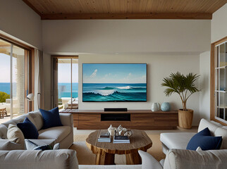 Fototapeta premium Living room with a big TV, coastal style, looks luxurious, simple, spring view2