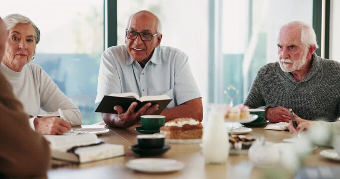 Worship, bible study and senior people in living room with faith, conversation or learning. Religion, cake and friends with holy book for reading, spiritual education or knowledge in retirement home
