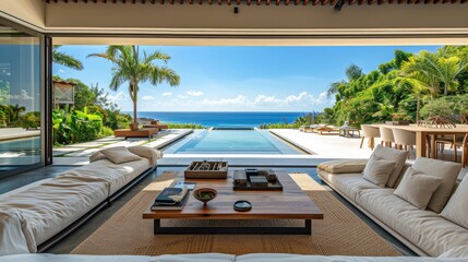 Fototapeta premium A large open living room with a pool and ocean view. The room is filled with white furniture and a large table