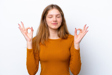 Fototapeta premium Teenager Russian girl isolated on white background in zen pose