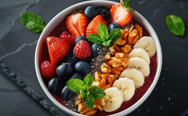 Vibrant fruit bowl filled with berries, banana, nuts, and mint leaves on a dark slate surface, perfect for a healthy lifestyle.