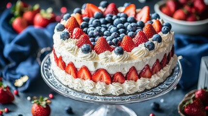 Delicious Strawberry and Blueberry Cake with Whipped Cream on Glass Platter