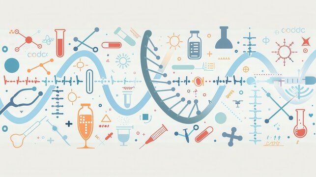 A double helix DNA strand is displayed alongside various medical icons, illustrating the connection between genetics and medical science. Generative AI