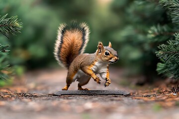 Obraz premium A lively squirrel scurrying through a forest path, showcasing its vibrant fur and energetic movements amidst greenery.