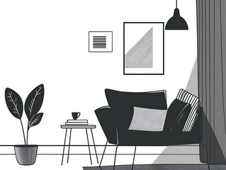 A minimalist illustration of a modern living room clean lines and simple design create a stylish and contemporary aesthetic