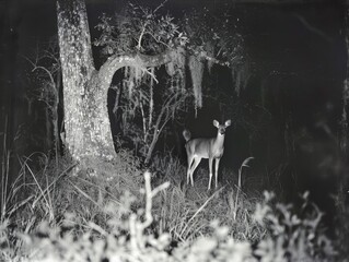 Night Vision Deer in Forest, Eerie Infrared Photography, Grainy Wilderness Scene
