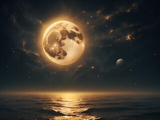A serene scene unfolds as a full moon illuminates the night sky over the vast ocean. The moon''s soft glow reflects off the gentle waves below, creating a mesmerizing sight