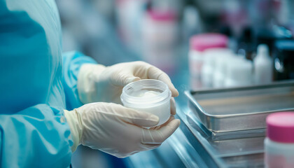 Production and packaging of cosmetics products. Cropped shot of factory worker in gloves and gown holding plastic jar, filling it with white face or body cream. Beauty, skincare and cosmetology