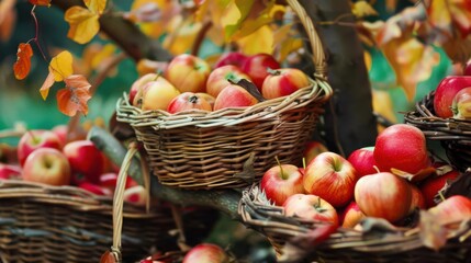Baskets filled with freshly picked apples in an orchard, with trees bearing colorful leaves and ripe fruit.