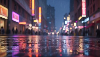 Obraz premium Lively Downtown Intersection A Dynamic Downpour Scene with Reflective Headlights and Neon Lights.