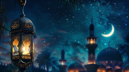 Illuminated Ramadan Lantern Against a Starry Night Sky