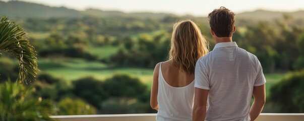 Couple enjoying drinks on a golf resort terrace, resort retreat, romantic golfing escape