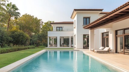 Fototapeta premium Elegant golf resort villa with a private pool, resort retreat, exclusive getaway