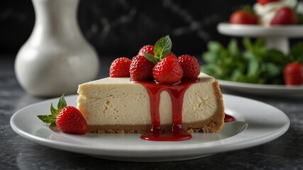 a creamy cheesecake on a marble ceramic plate