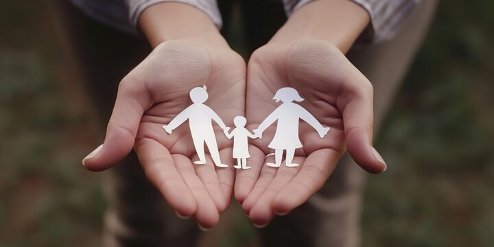 Hands holding paper family cutout, symbolizing love and support for foster families, homeless children, and individuals struggling with mental health and financial stability during economic recession.