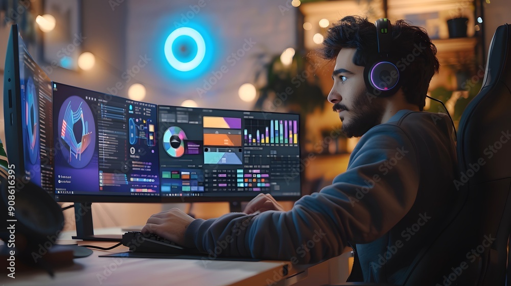 Poster man working on a computer with multiple monitors
