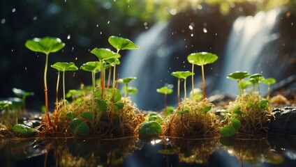 Sprouting Life A Seedlings Vibrant Double Exposure with a Cascading Waterfall.
