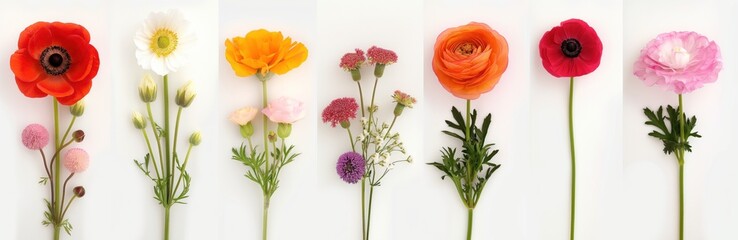 Beautiful selection of flowers in various colors on white background. A mix of roses, gerbera, gladiolas, sunflowers, and other blooms. Perfect for decoration, gift, or anniversary