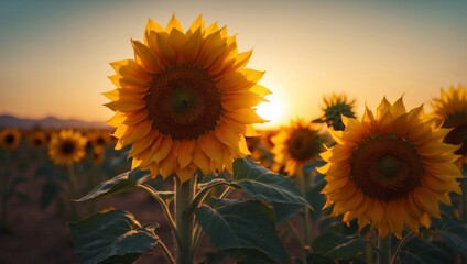 Obraz premium Vibrant Sunflowers Bloom in Desert Silhouette A Stunning Double Exposure.