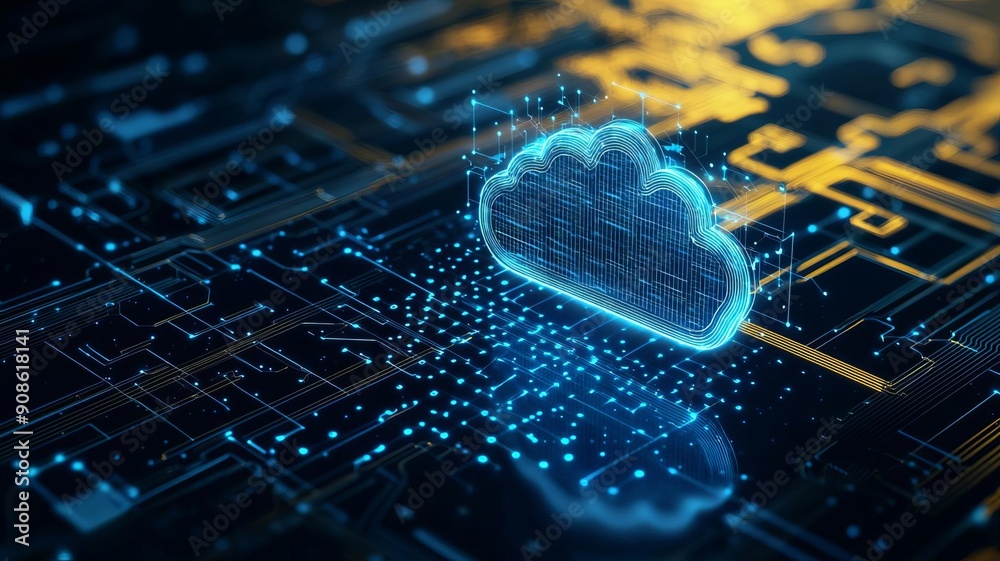 Wall mural futuristic digital cloud with flowing data particles on a circuit board background, representing tec