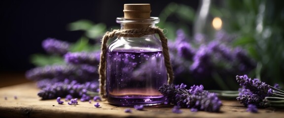 Glass bottle in hand with oil of lavender close-up macro Drop of oil dripping into a glass jar with tied with hemp rope small wooden board label Sprig of lavender flowers Rustic composition.