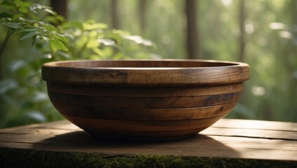 Wooden Table Basks in Gentle Natural Light Amidst Dense Forest Greenery.