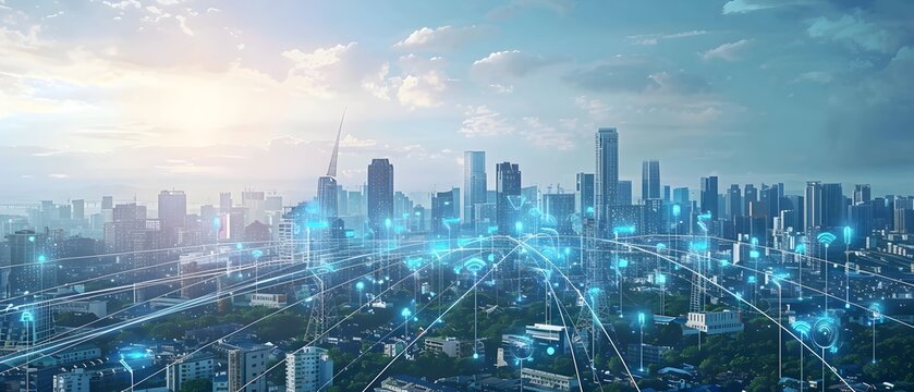 Aerial view of a modern smart city with efficient energy distribution grid and futuristic urban infrastructure depicting sustainable and innovative metropolitan development