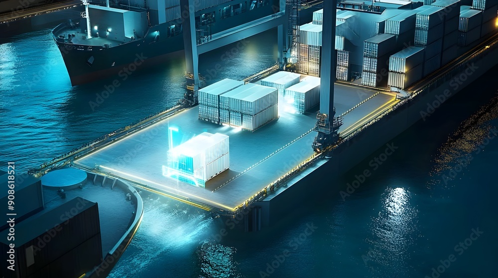 Poster secure shipping dock with cargo tracking systems and security protocols providing advanced protectio
